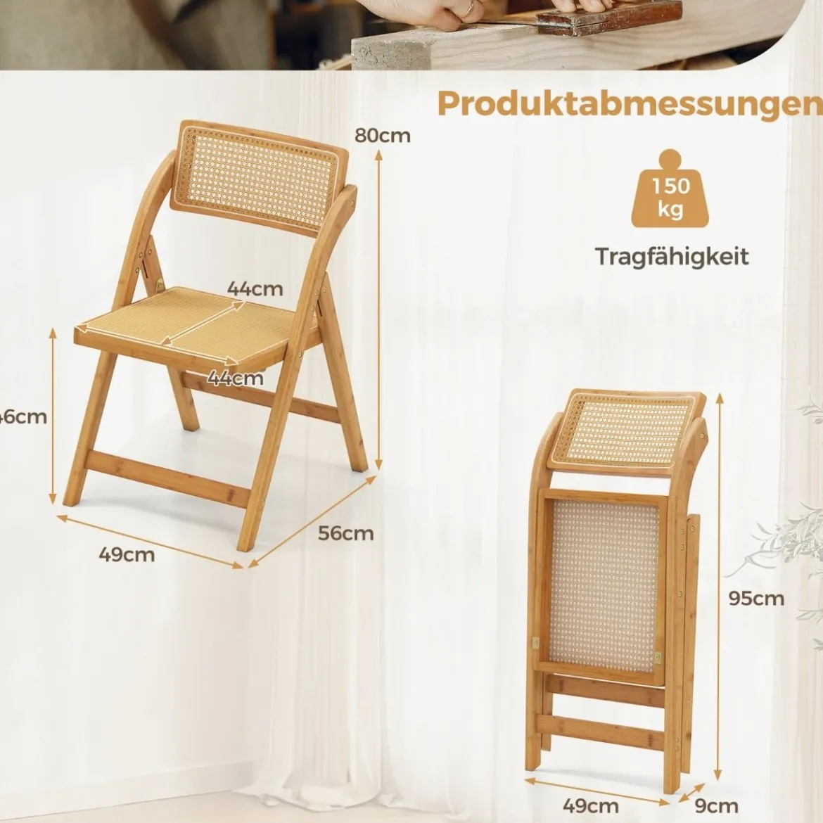 2er Set Rattan Klappstühle mit Bambusrahmen Küchenstühle im Boho-Stil 150 kg Tragkraft