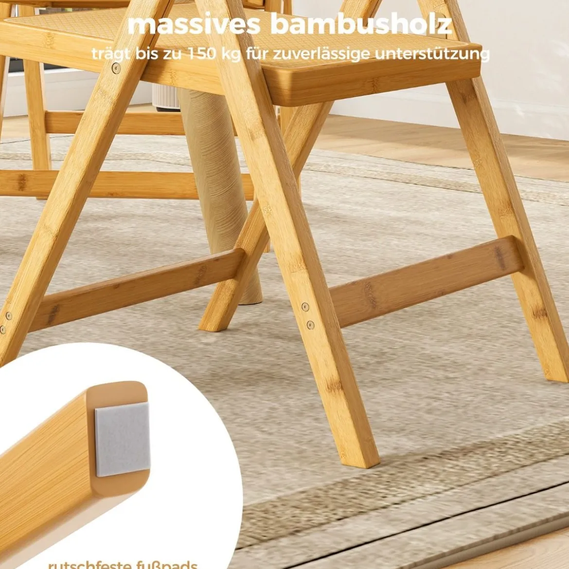 2er Set Rattan Klappstühle mit Bambusrahmen Küchenstühle im Boho-Stil 150 kg Tragkraft