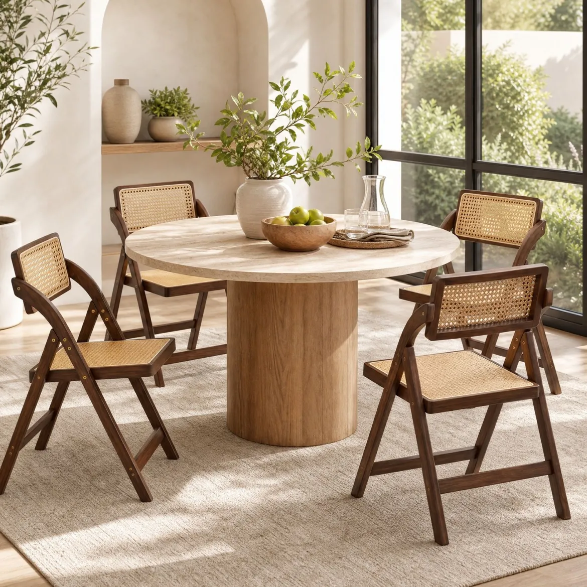 2er Set Rattan Klappstühle mit Bambusrahmen Küchenstühle im Boho-Stil 150 kg Tragkraft Walnuss