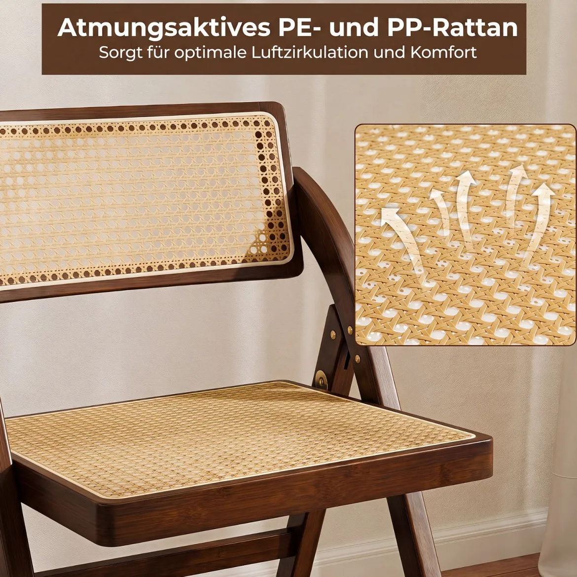2er Set Rattan Klappstühle mit Bambusrahmen Küchenstühle im Boho-Stil 150 kg Tragkraft Walnuss