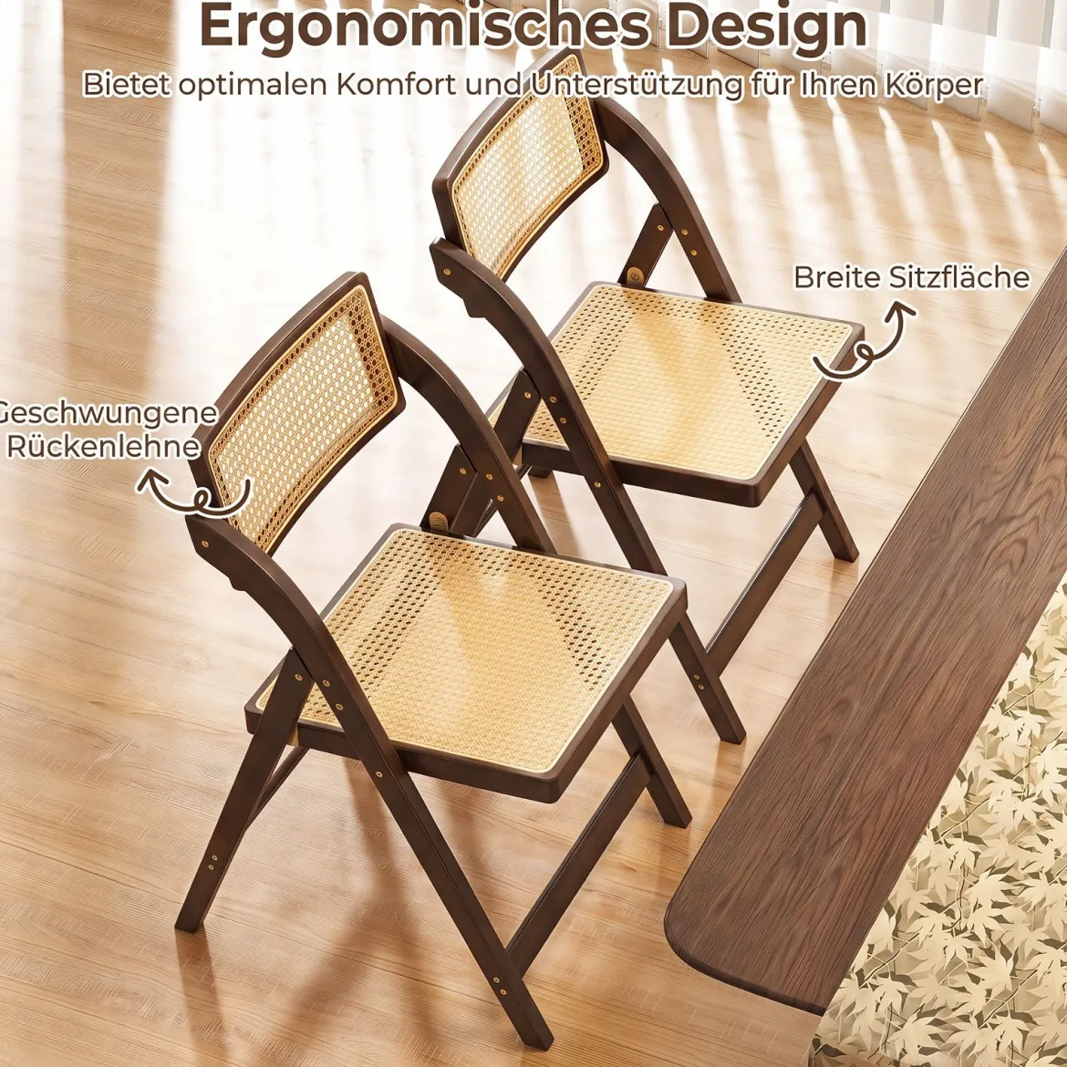 2er Set Rattan Klappstühle mit Bambusrahmen Küchenstühle im Boho-Stil 150 kg Tragkraft Walnuss