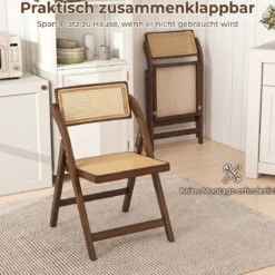 2er Set Rattan Klappstühle mit Bambusrahmen Küchenstühle im Boho-Stil 150 kg Tragkraft Walnuss