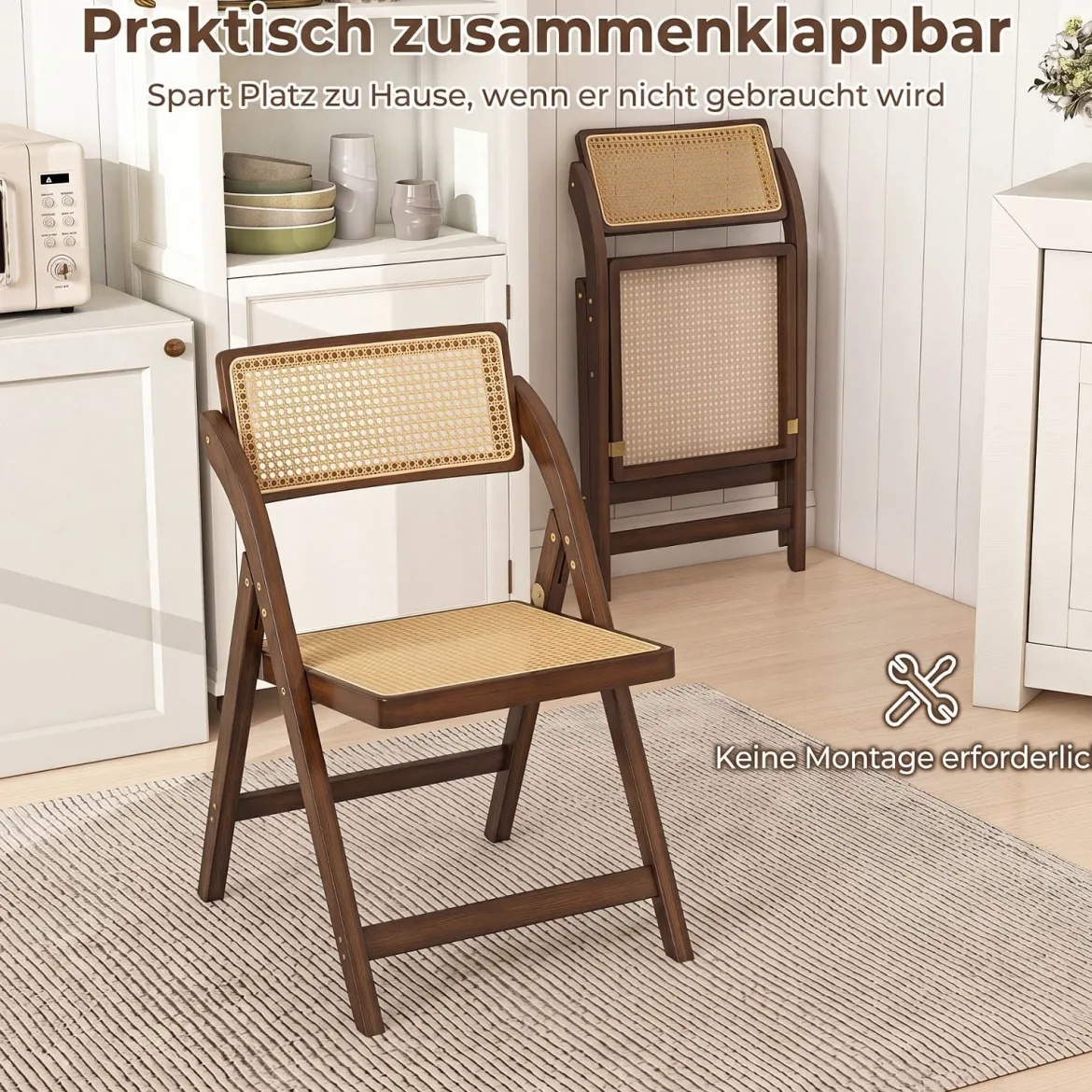 2er Set Rattan Klappstühle mit Bambusrahmen Küchenstühle im Boho-Stil 150 kg Tragkraft Walnuss