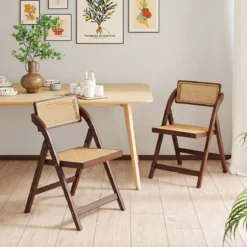 2er Set Rattan Klappstühle mit Bambusrahmen Küchenstühle im Boho-Stil 150 kg Tragkraft Walnuss