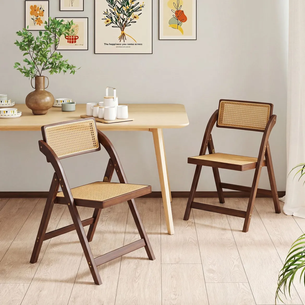 2er Set Rattan Klappstühle mit Bambusrahmen Küchenstühle im Boho-Stil 150 kg Tragkraft Walnuss
