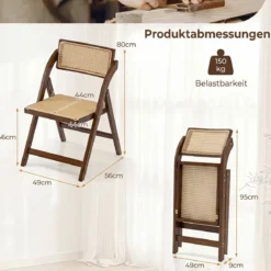 2er Set Rattan Klappstühle mit Bambusrahmen Küchenstühle im Boho-Stil 150 kg Tragkraft Walnuss