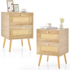 2er Set Rattan Nachttisch im Boho-Stil mit 2 Schubladen & Massivholzbeinen Nachtschrank