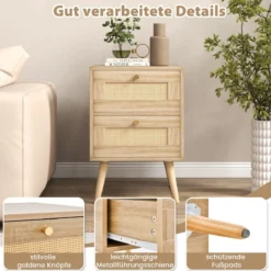 2er Set Rattan Nachttisch im Boho-Stil mit 2 Schubladen & Massivholzbeinen Nachtschrank