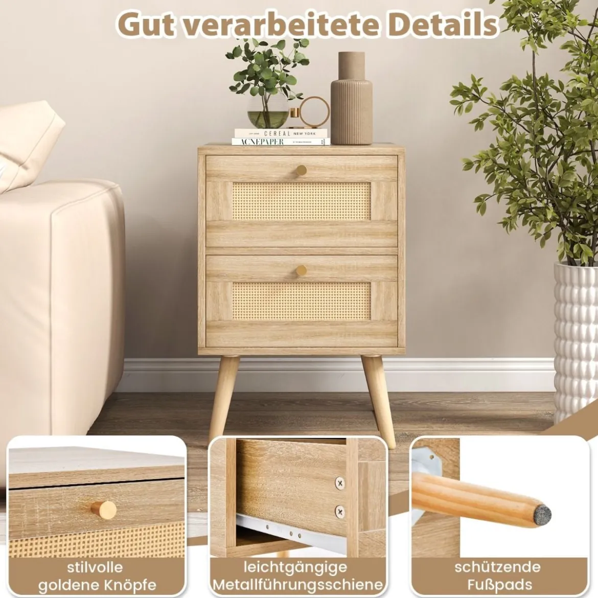 2er Set Rattan Nachttisch im Boho-Stil mit 2 Schubladen & Massivholzbeinen Nachtschrank