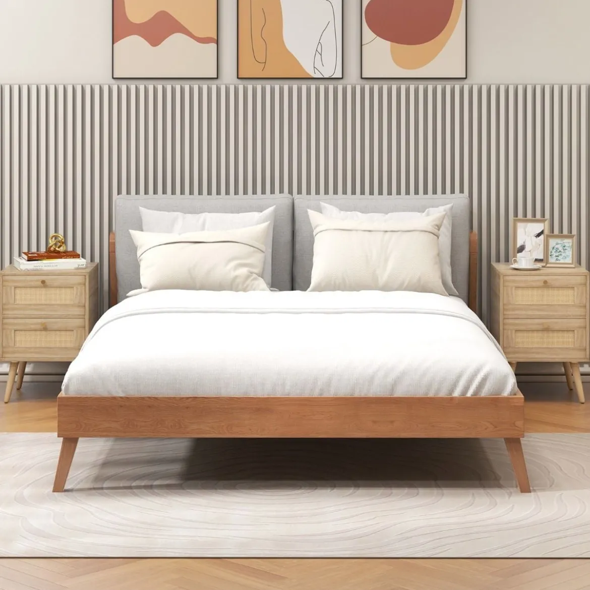 2er Set Rattan Nachttisch im Boho-Stil mit 2 Schubladen & Massivholzbeinen Nachtschrank