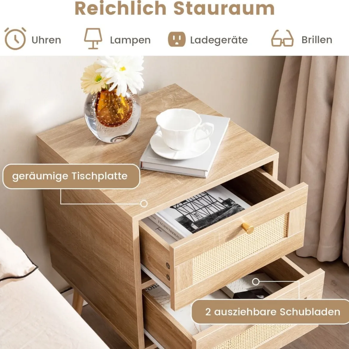 2er Set Rattan Nachttisch im Boho-Stil mit 2 Schubladen & Massivholzbeinen Nachtschrank