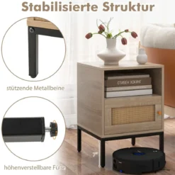 2er Set Rattan Nachttisch mit Offenem Regal & Schrank Nachtschrank Beistelltisch Natur