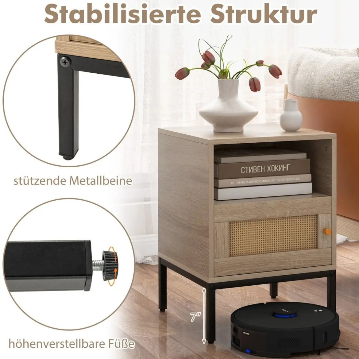 2er Set Rattan Nachttisch mit Offenem Regal & Schrank Nachtschrank Beistelltisch Natur