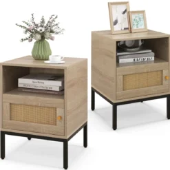 2er Set Rattan Nachttisch mit Offenem Regal & Schrank Nachtschrank Beistelltisch Natur
