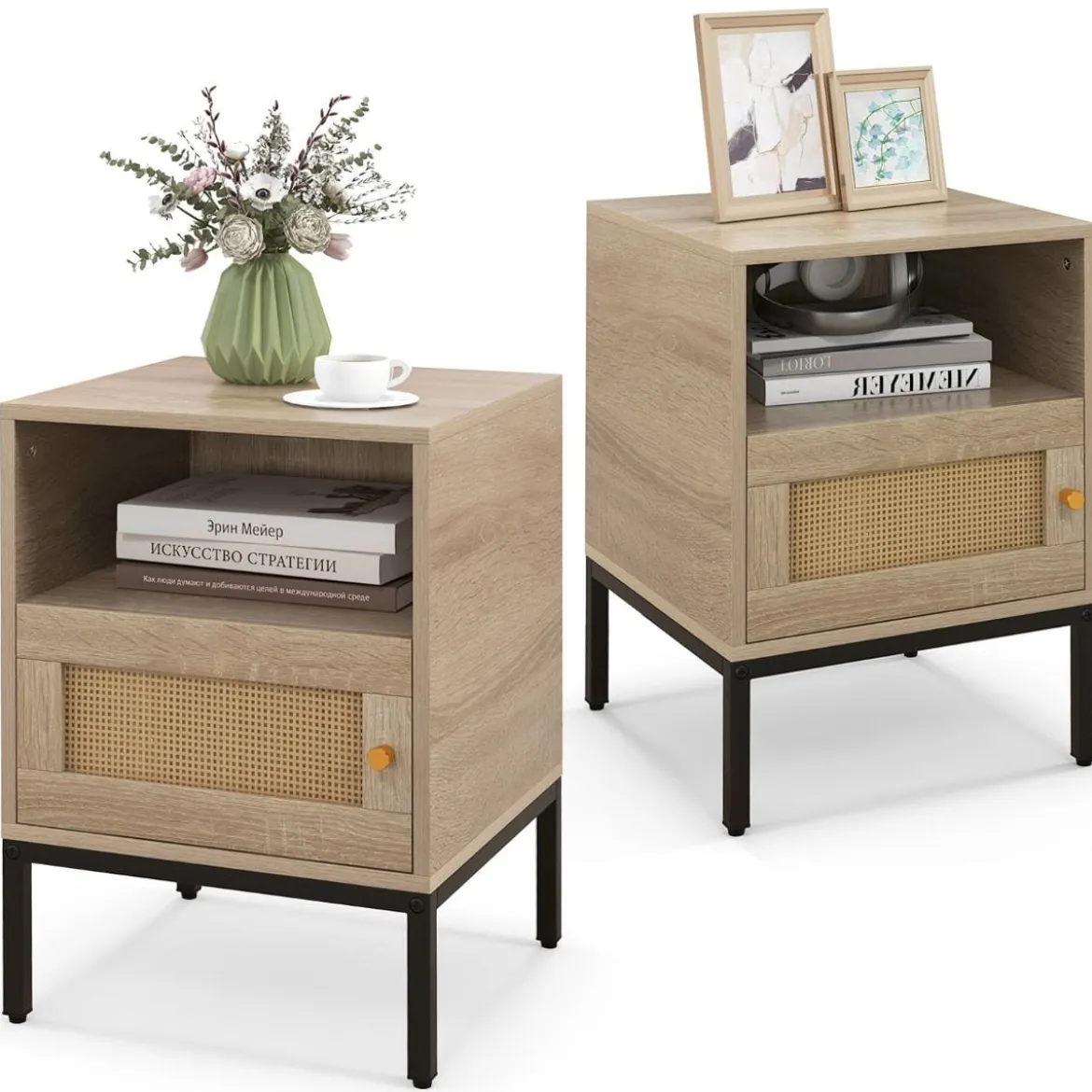 2er Set Rattan Nachttisch mit Offenem Regal & Schrank Nachtschrank Beistelltisch Natur