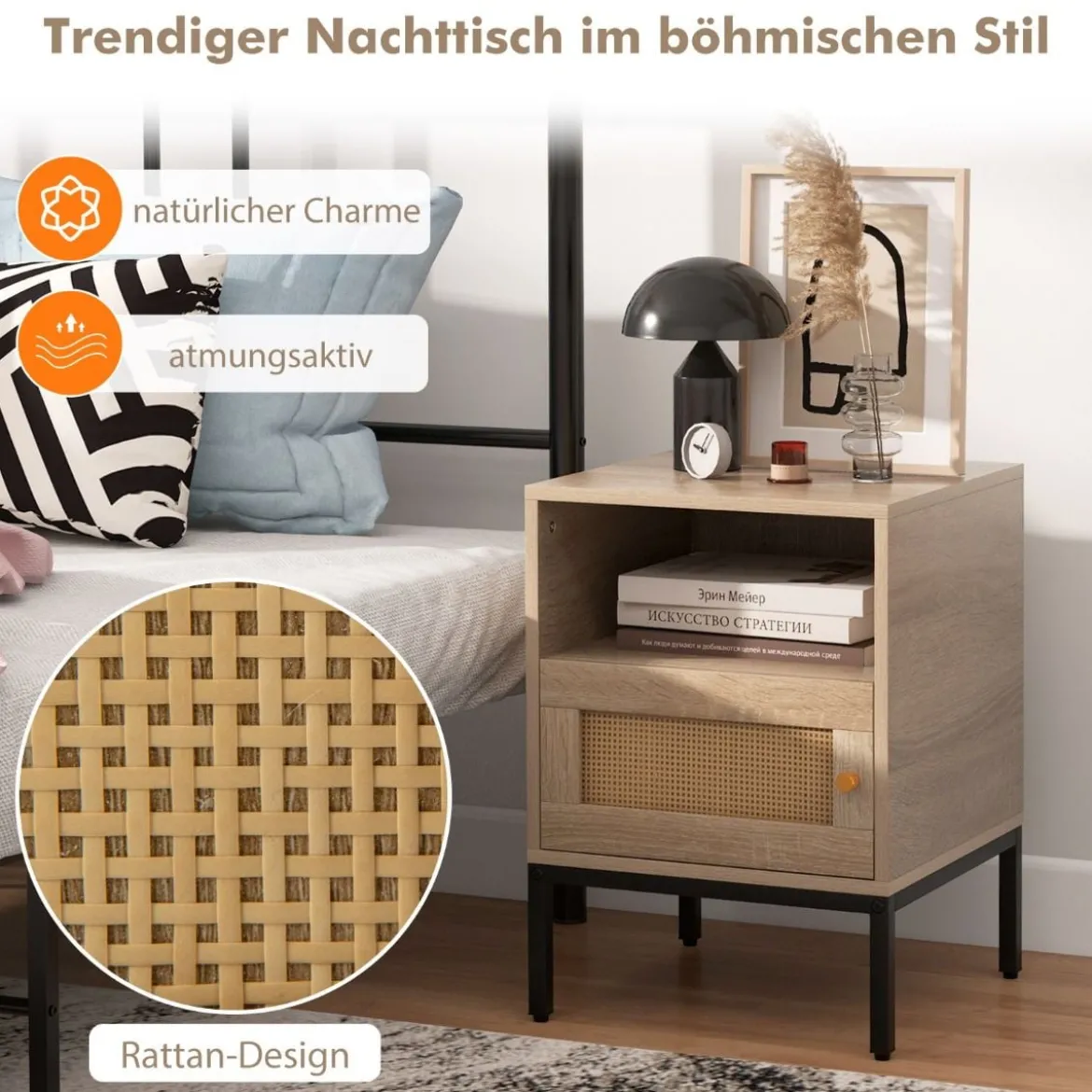2er Set Rattan Nachttisch mit Offenem Regal & Schrank Nachtschrank Beistelltisch Natur