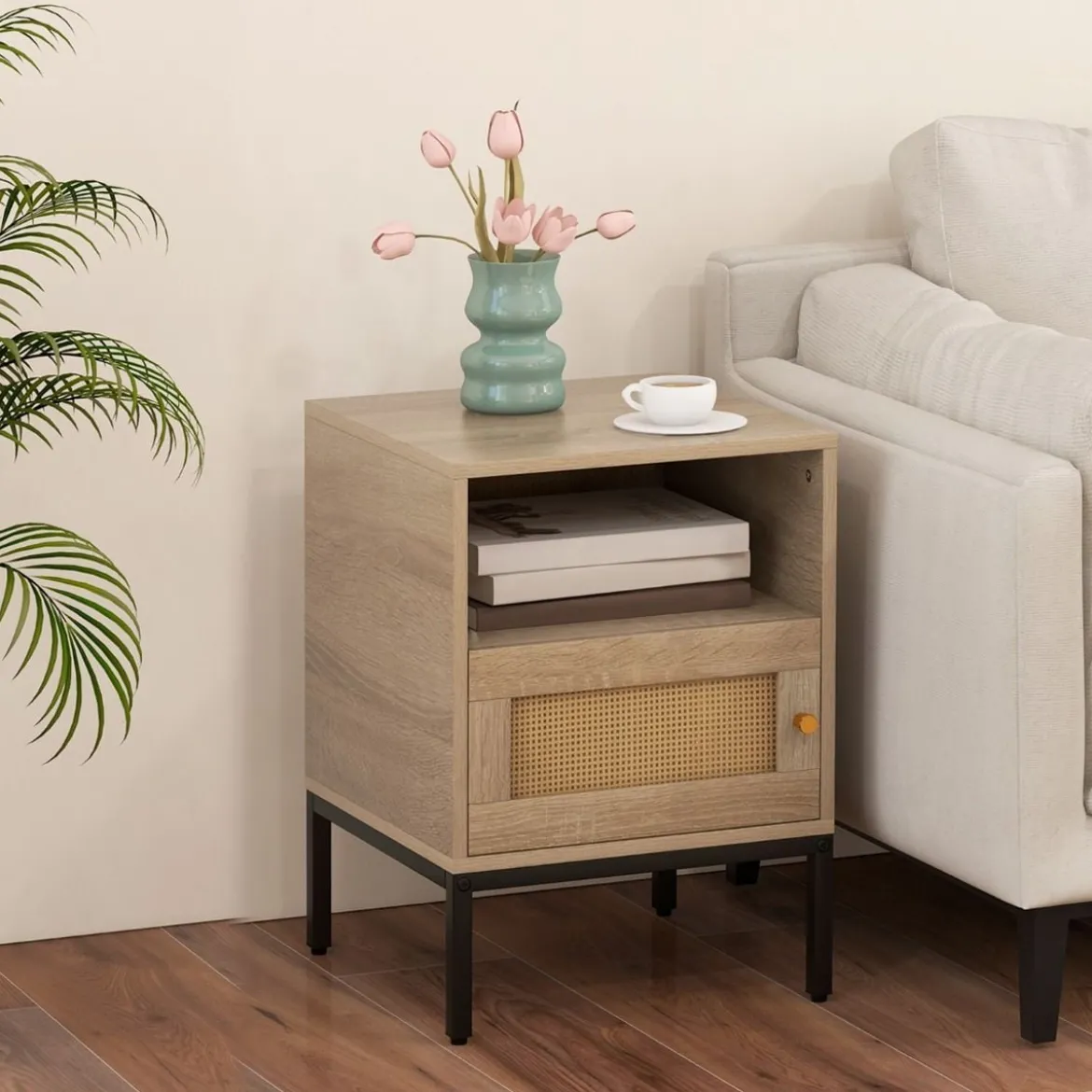 2er Set Rattan Nachttisch mit Offenem Regal & Schrank Nachtschrank Beistelltisch Natur