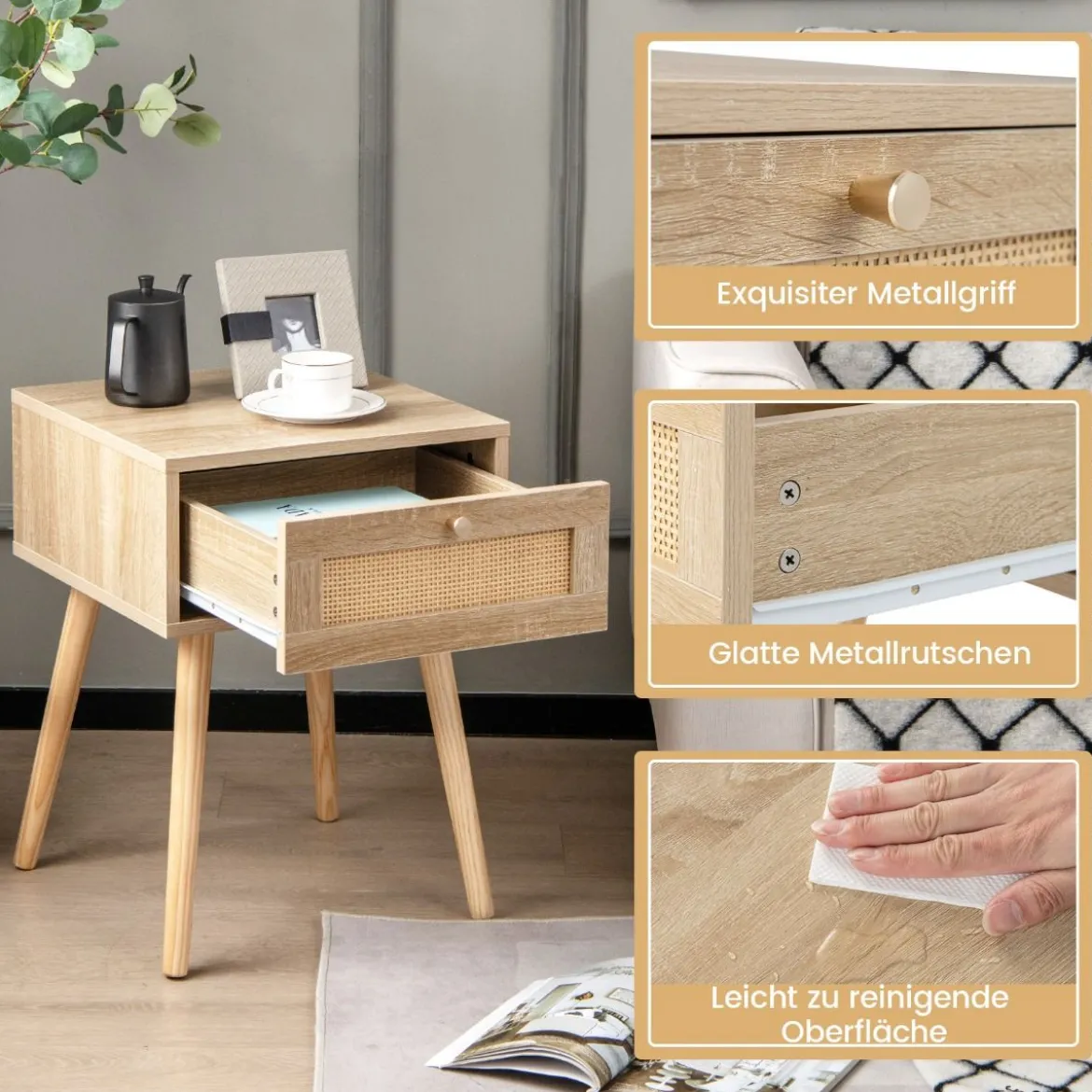 1/2er Set Rattan Nachttisch mit Schublade Beistelltisch Nachtkommode Nachtkonsole Sofatisch