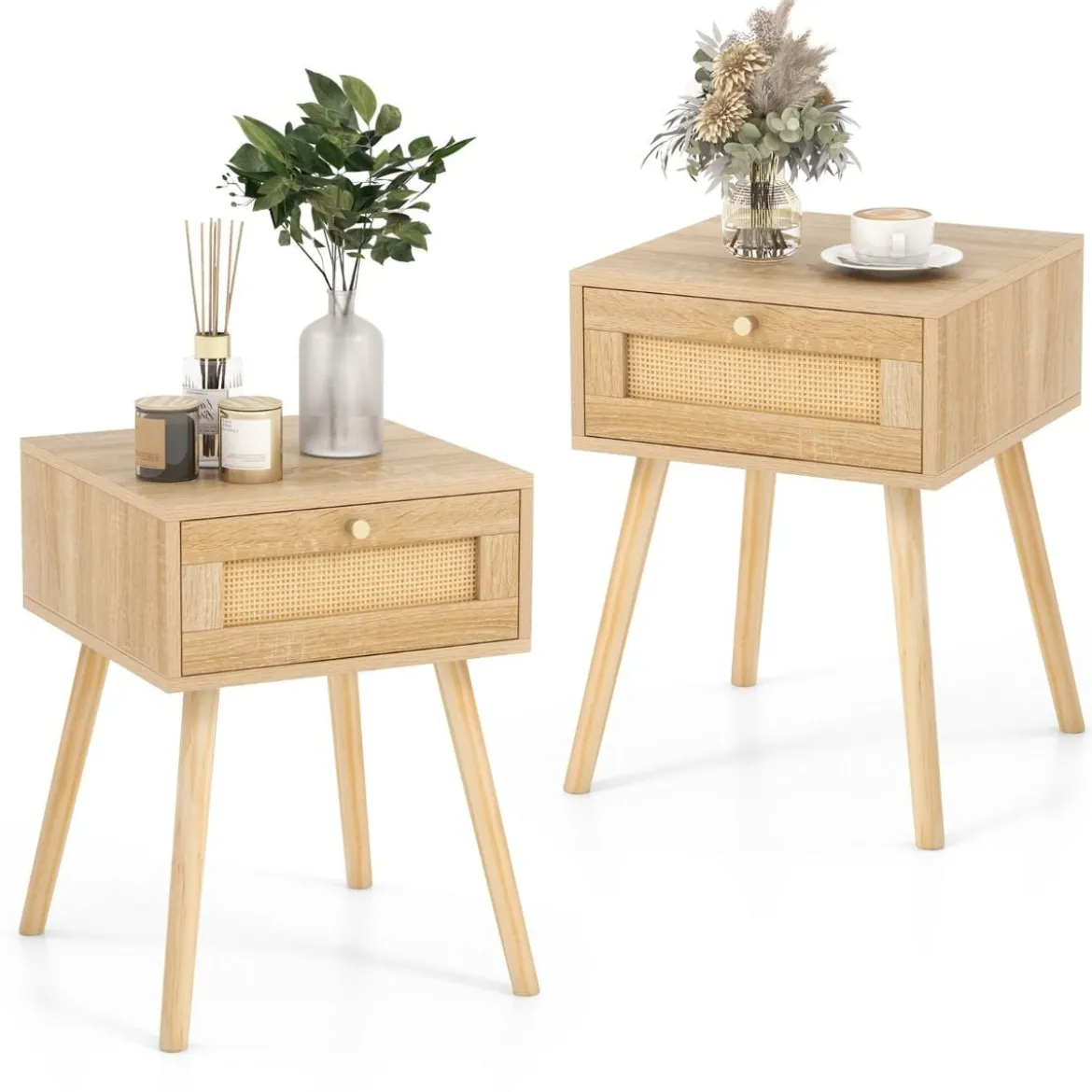 1/2er Set Rattan Nachttisch mit Schublade Beistelltisch Nachtkommode Nachtkonsole Sofatisch