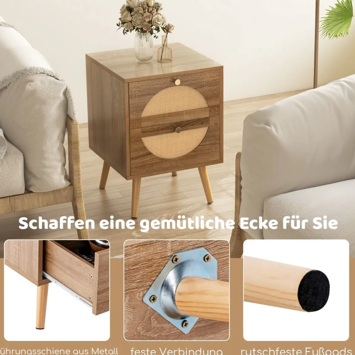 2er Set Rattan Nachttischmit 2 Schubladen & Massivholz Beinen Beistelltisch Sofatisch