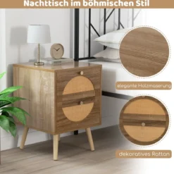 2er Set Rattan Nachttischmit 2 Schubladen & Massivholz Beinen Beistelltisch Sofatisch