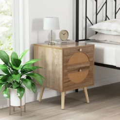 2er Set Rattan Nachttischmit 2 Schubladen & Massivholz Beinen Beistelltisch Sofatisch