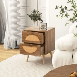 2er Set Rattan Nachttischmit 2 Schubladen & Massivholz Beinen Beistelltisch Sofatisch