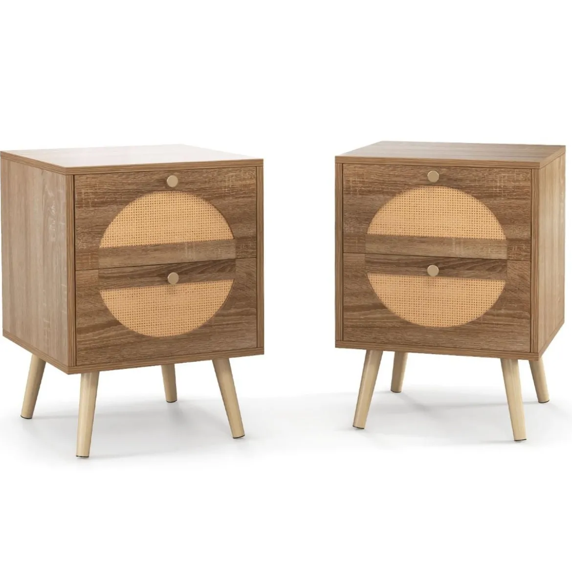 2er Set Rattan Nachttischmit 2 Schubladen & Massivholz Beinen Beistelltisch Sofatisch