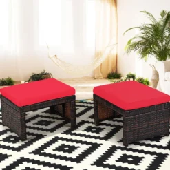 2er Set Rattan-Ottomanen Fußstütze Ottomane outdoor fußstütze mit kissen49 x 40 x 33 cm Rot