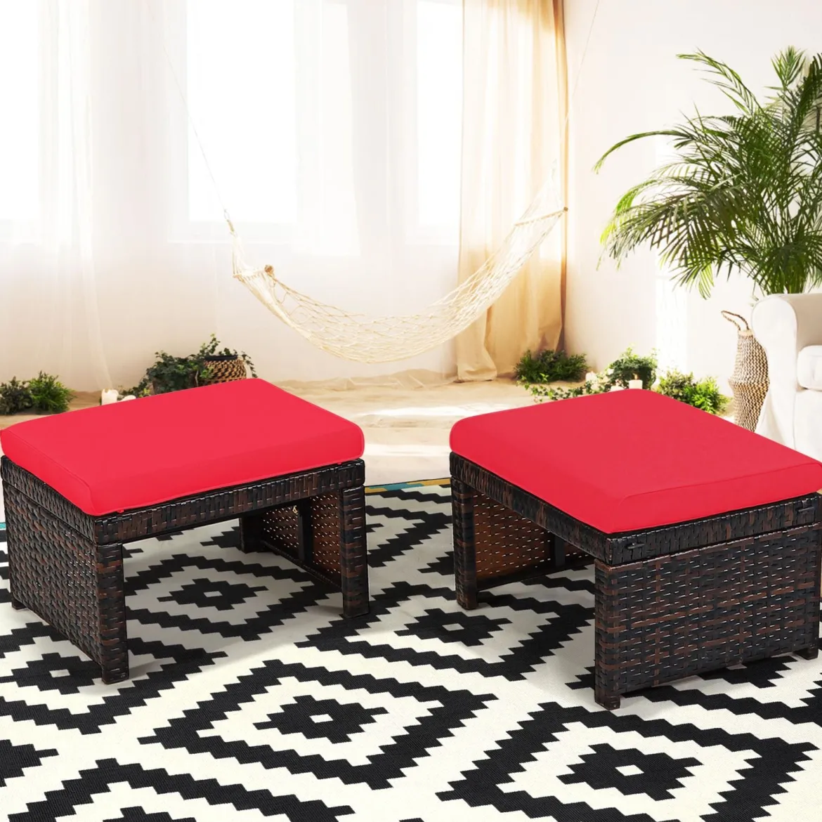 2er Set Rattan-Ottomanen Fußstütze Ottomane outdoor fußstütze mit kissen49 x 40 x 33 cm Rot