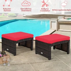 2er Set Rattan-Ottomanen Fußstütze Ottomane outdoor fußstütze mit kissen49 x 40 x 33 cm Rot
