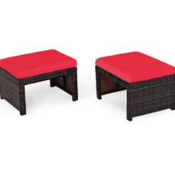 2er Set Rattan-Ottomanen Fußstütze Ottomane outdoor fußstütze mit kissen49 x 40 x 33 cm Rot