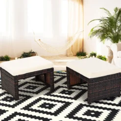 2er Set Rattan-Ottomanen Outdoor-Fußhocker mit weichem Kissen 49 x 40 x 33 cm Weiß