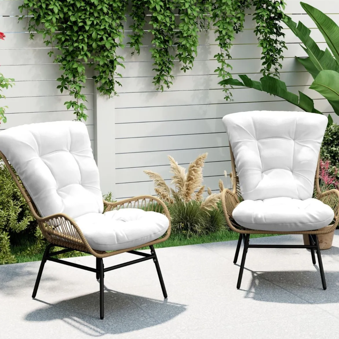 2er Set Rattansessel Gartenstuhl mit Dickem Kissen Rattanstuhl XXL Gartensessel für Terrasse bis 180 kg Belastbar