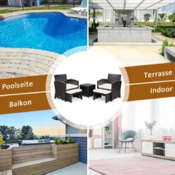 5er Set Rattan Set Möbel Balkonset Gartenmöbel Sitzgruppe Braun + Weiß