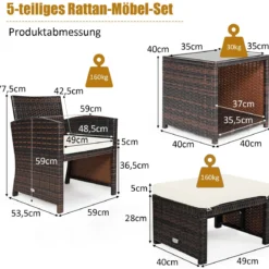 5er Set Rattan Set Möbel Balkonset Gartenmöbel Sitzgruppe Braun + Weiß