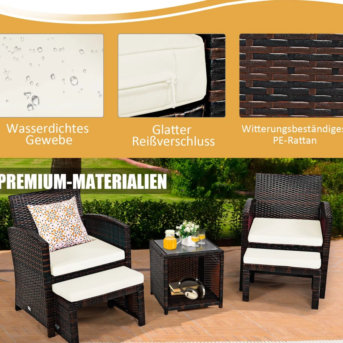5er Set Rattan Set Möbel Balkonset Gartenmöbel Sitzgruppe Braun + Weiß