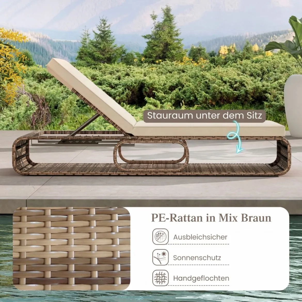 2er Set Rattan Sonnenliege mit Auflage & Verstellbarer Rückenlehne Wetterfeste Balkonliege Khaki/Grau/Beige