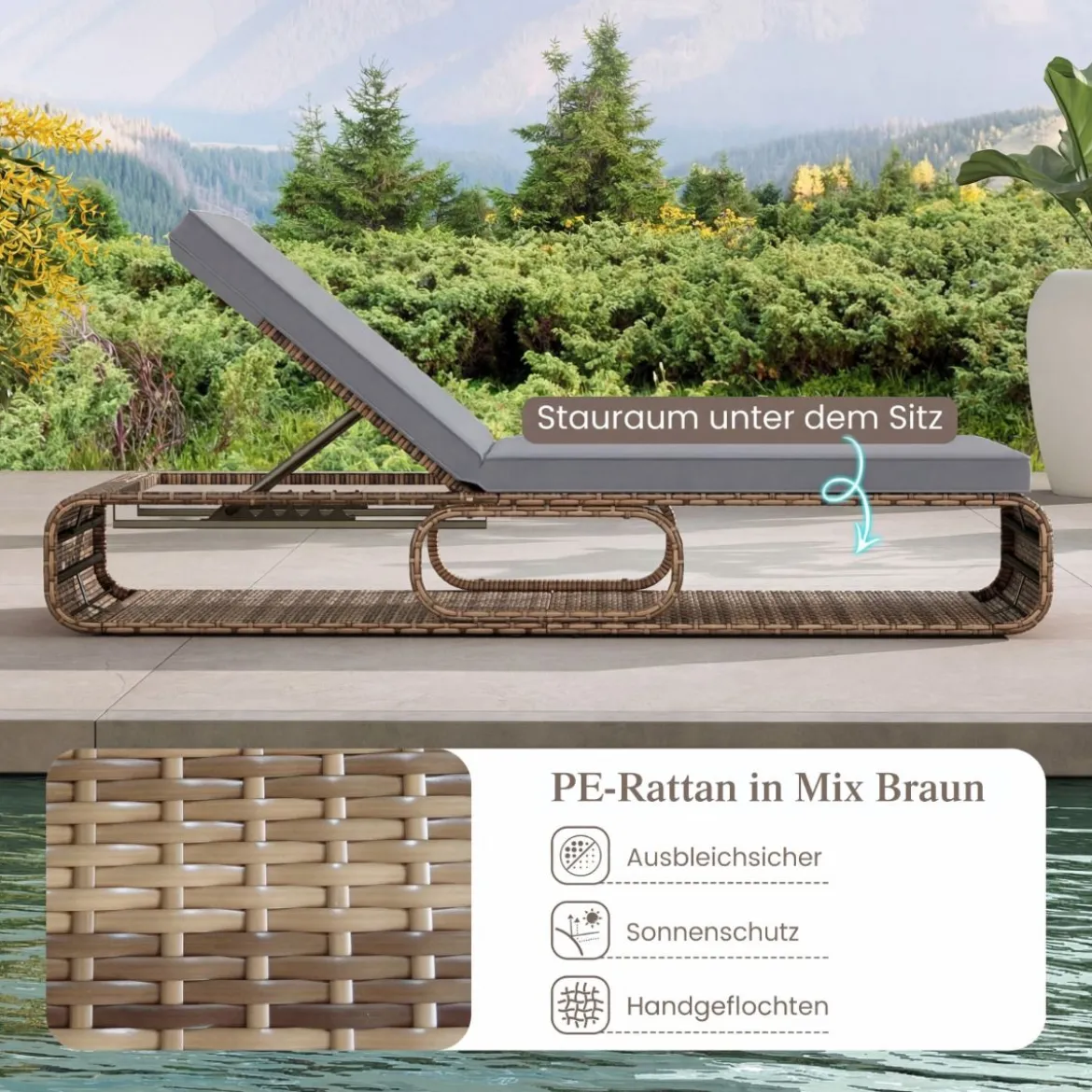 2er Set Rattan Sonnenliege mit Auflage & Verstellbarer Rückenlehne Wetterfeste Balkonliege Khaki/Grau/Beige