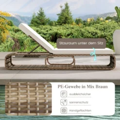 2er Set Rattan Sonnenliege mit Auflage & Verstellbarer Rückenlehne Wetterfeste Balkonliege Khaki/Grau/Beige