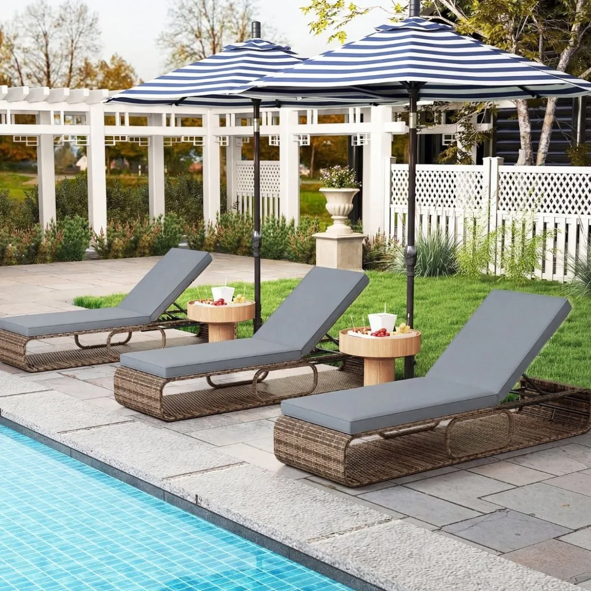 2er Set Rattan Sonnenliege mit Auflage & Verstellbarer Rückenlehne Wetterfeste Balkonliege Khaki/Grau/Beige
