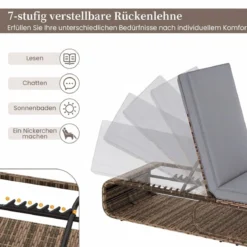 2er Set Rattan Sonnenliege mit Auflage & Verstellbarer Rückenlehne Wetterfeste Balkonliege Khaki/Grau/Beige