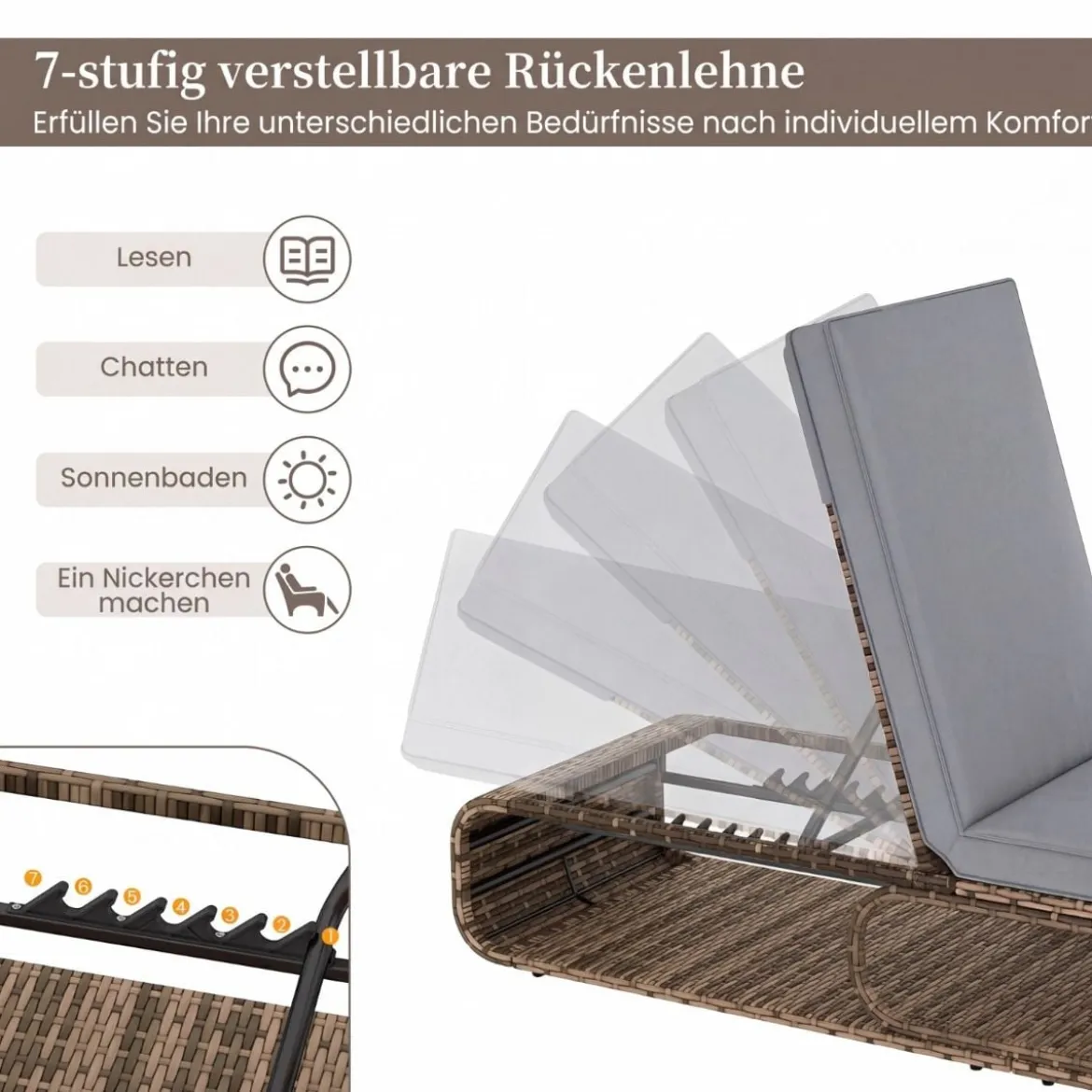 2er Set Rattan Sonnenliege mit Auflage & Verstellbarer Rückenlehne Wetterfeste Balkonliege Khaki/Grau/Beige