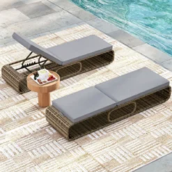 2er Set Rattan Sonnenliege mit Auflage & Verstellbarer Rückenlehne Wetterfeste Balkonliege Khaki/Grau/Beige