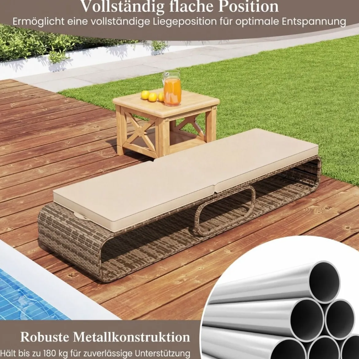 2er Set Rattan Sonnenliege mit Auflage & Verstellbarer Rückenlehne Wetterfeste Balkonliege Khaki/Grau/Beige
