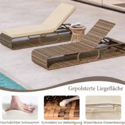 2er Set Rattan Sonnenliege mit Auflage & Verstellbarer Rückenlehne Wetterfeste Balkonliege Khaki/Grau/Beige