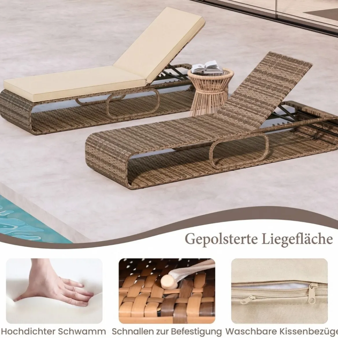 2er Set Rattan Sonnenliege mit Auflage & Verstellbarer Rückenlehne Wetterfeste Balkonliege Khaki/Grau/Beige