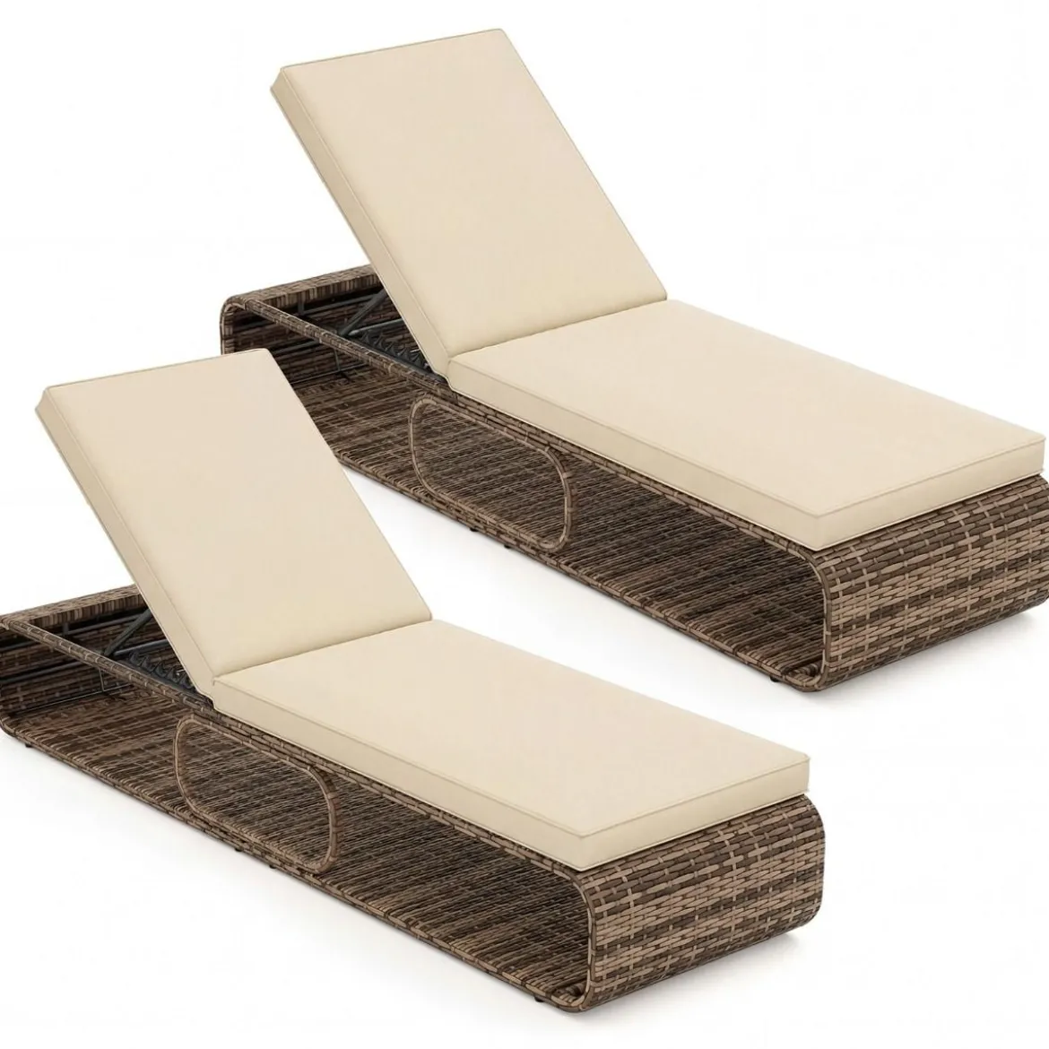 2er Set Rattan Sonnenliege mit Auflage & Verstellbarer Rückenlehne Wetterfeste Balkonliege Khaki/Grau/Beige