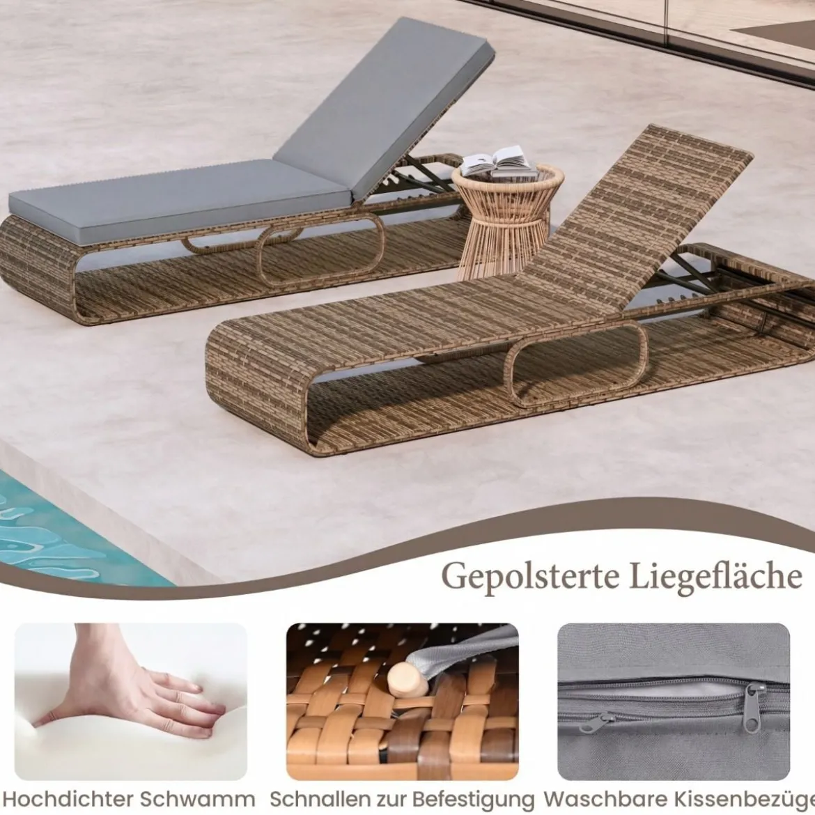 2er Set Rattan Sonnenliege mit Auflage & Verstellbarer Rückenlehne Wetterfeste Balkonliege Khaki/Grau/Beige