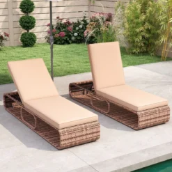 2er Set Rattan Sonnenliege mit Auflage & Verstellbarer Rückenlehne Wetterfeste Balkonliege Khaki/Grau/Beige